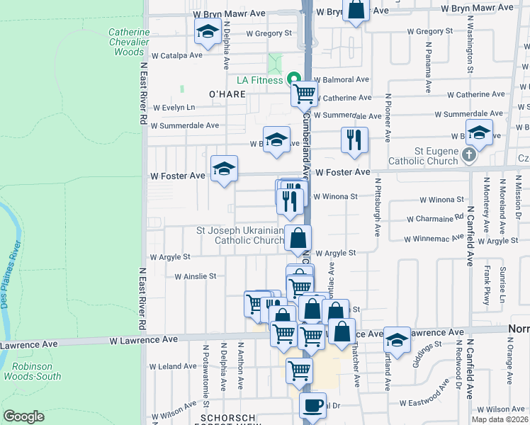 map of restaurants, bars, coffee shops, grocery stores, and more near 8501 West Carmen Avenue in Chicago