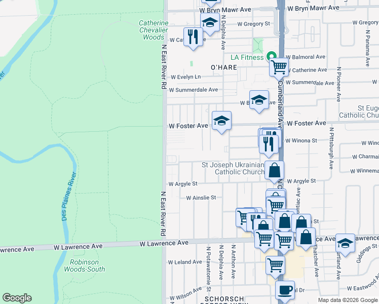 map of restaurants, bars, coffee shops, grocery stores, and more near 5040 North Knight Avenue in Norridge