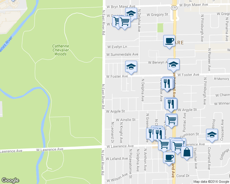 map of restaurants, bars, coffee shops, grocery stores, and more near 5040 North Knight Avenue in Norridge