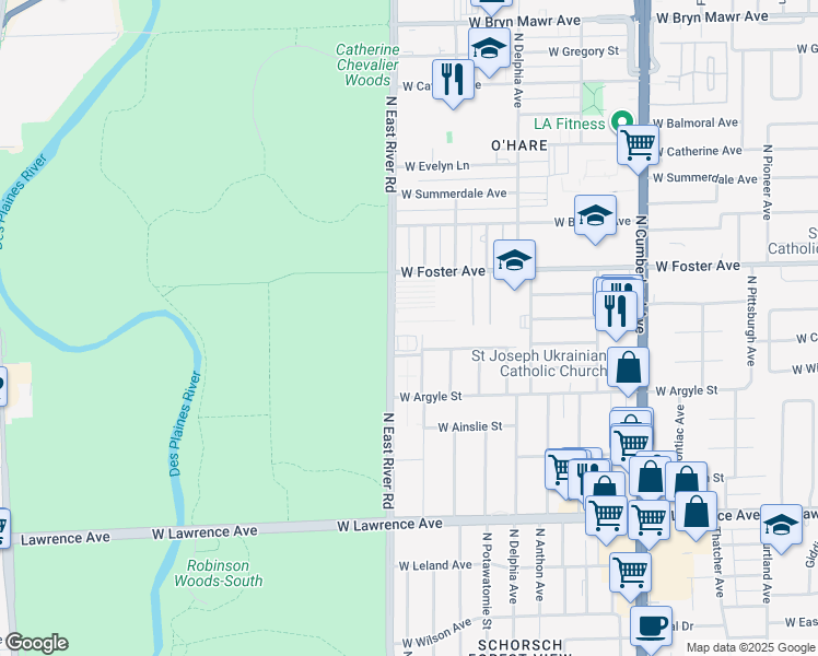map of restaurants, bars, coffee shops, grocery stores, and more near 5037 North East River Road in Norridge