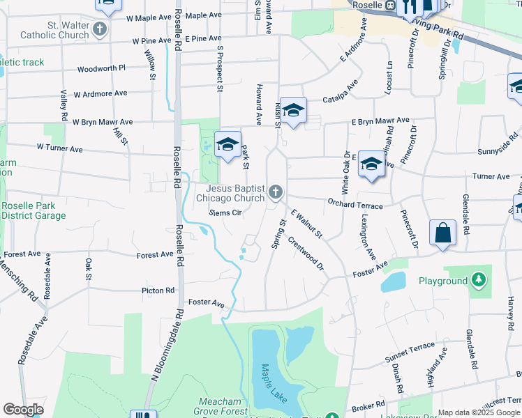 map of restaurants, bars, coffee shops, grocery stores, and more near 624 Rush Street in Roselle