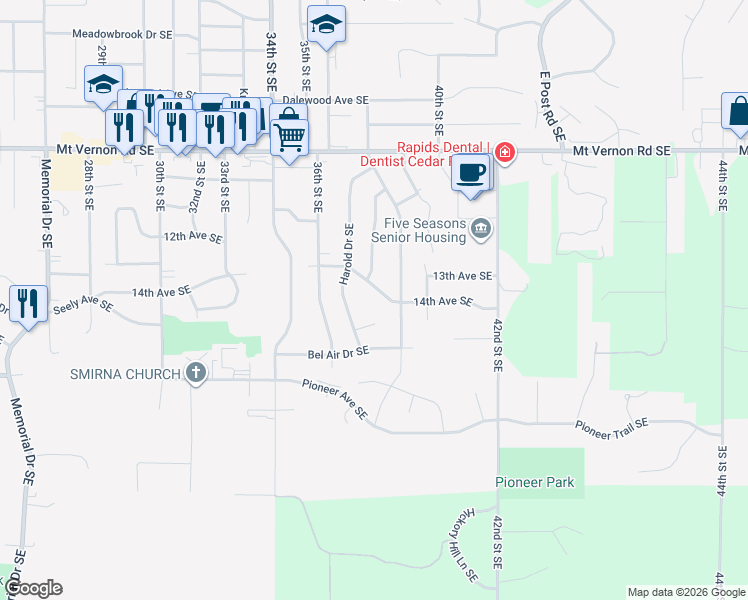 map of restaurants, bars, coffee shops, grocery stores, and more near 3648 Harold Court Southeast in Cedar Rapids