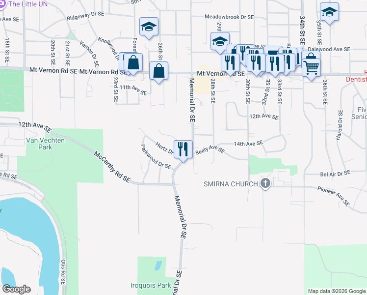 map of restaurants, bars, coffee shops, grocery stores, and more near 1411 Memorial Drive Southeast in Cedar Rapids