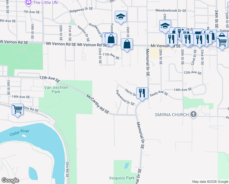 map of restaurants, bars, coffee shops, grocery stores, and more near 1401 Parkwood Drive Southeast in Cedar Rapids