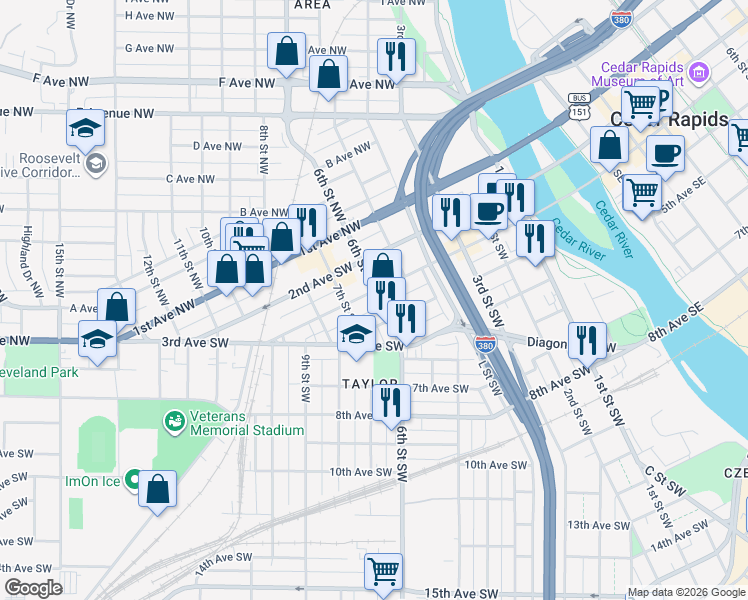 map of restaurants, bars, coffee shops, grocery stores, and more near 614 4th Avenue Southwest in Cedar Rapids
