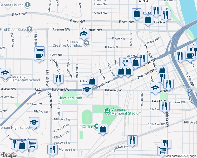 map of restaurants, bars, coffee shops, grocery stores, and more near 1304 1st Avenue Northwest in Cedar Rapids