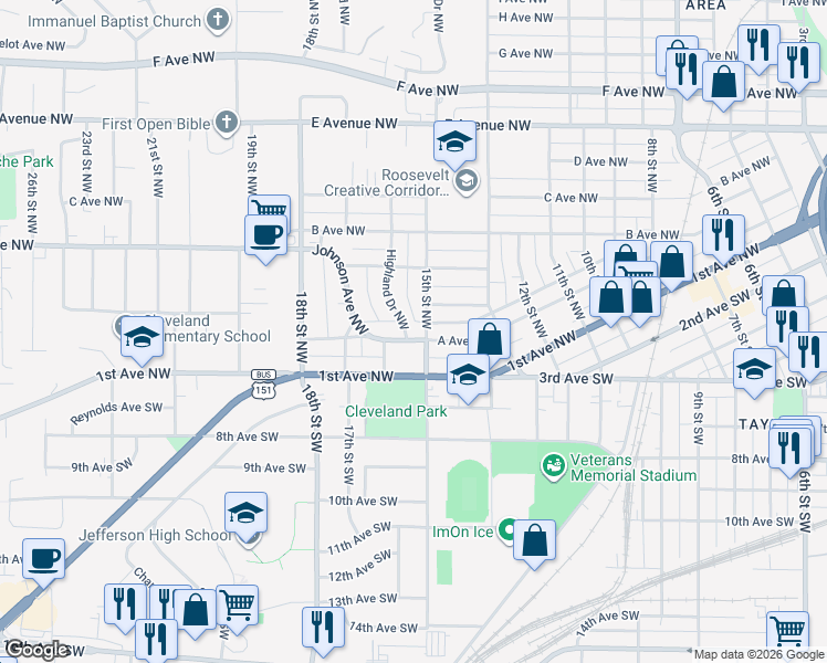 map of restaurants, bars, coffee shops, grocery stores, and more near in Cedar Rapids