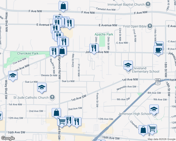 map of restaurants, bars, coffee shops, grocery stores, and more near 2988 Dennis Drive Northwest in Cedar Rapids