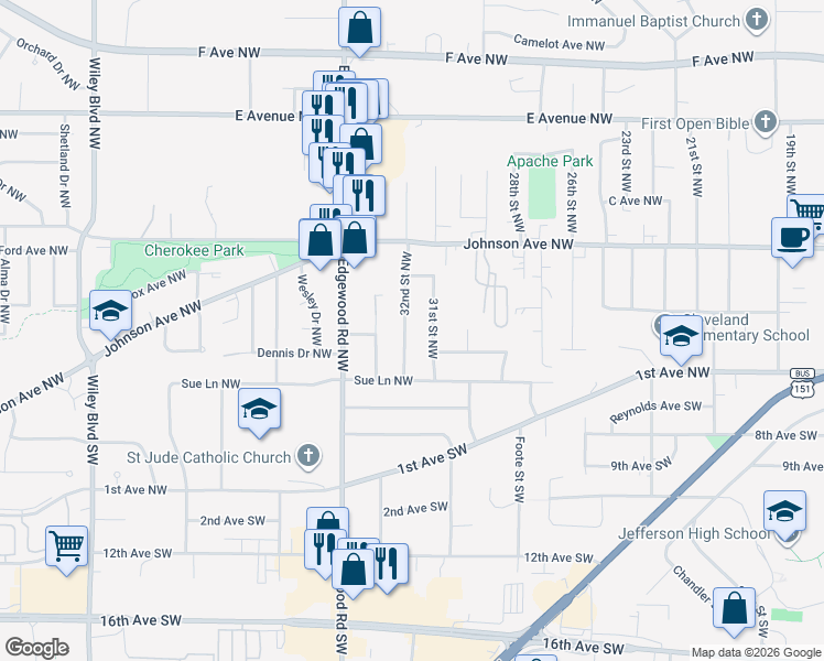 map of restaurants, bars, coffee shops, grocery stores, and more near 118 31st Street Northwest in Cedar Rapids