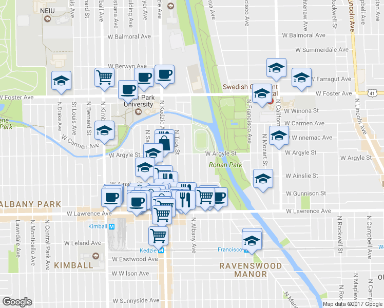 map of restaurants, bars, coffee shops, grocery stores, and more near W Argyle St & N Albany Ave in Chicago