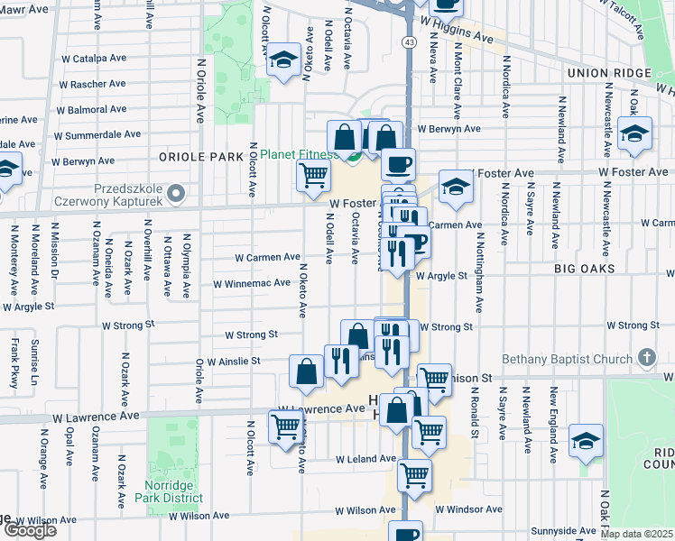 map of restaurants, bars, coffee shops, grocery stores, and more near 5030 North Octavia Avenue in Chicago