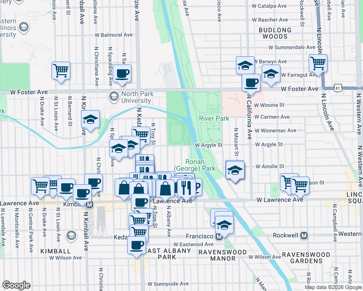 map of restaurants, bars, coffee shops, grocery stores, and more near W Argyle St & N Whipple St in Chicago