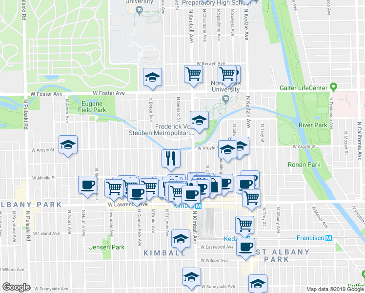 map of restaurants, bars, coffee shops, grocery stores, and more near 5001 North Bernard Street in Chicago