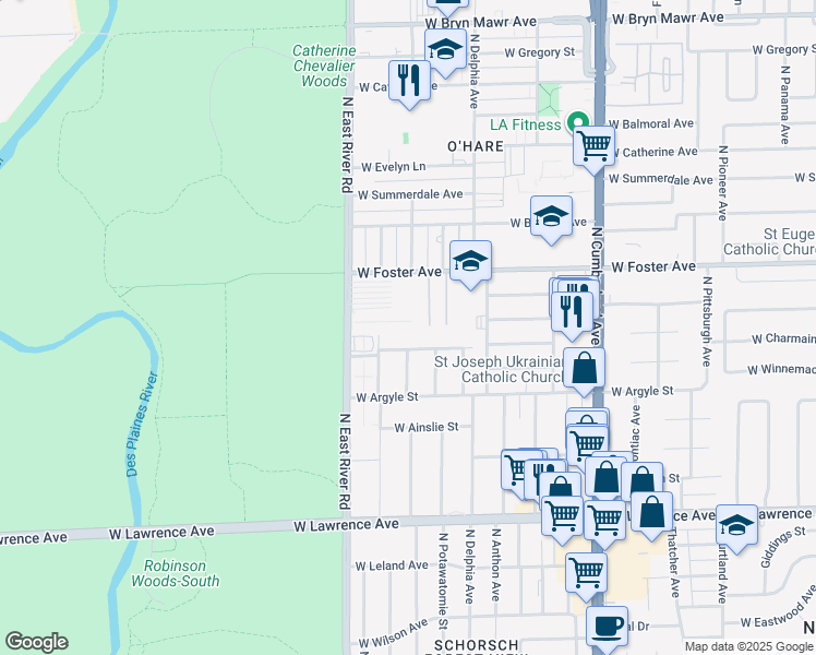 map of restaurants, bars, coffee shops, grocery stores, and more near 8701 West Foster Avenue in Chicago