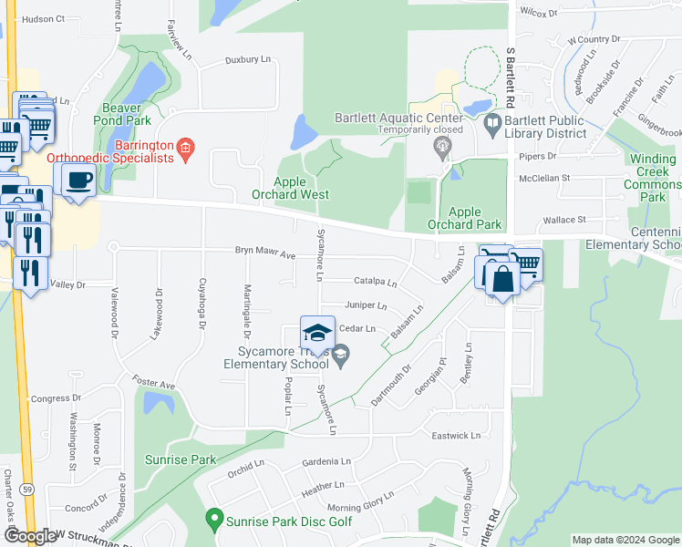 map of restaurants, bars, coffee shops, grocery stores, and more near 684 Catalpa Lane in Bartlett