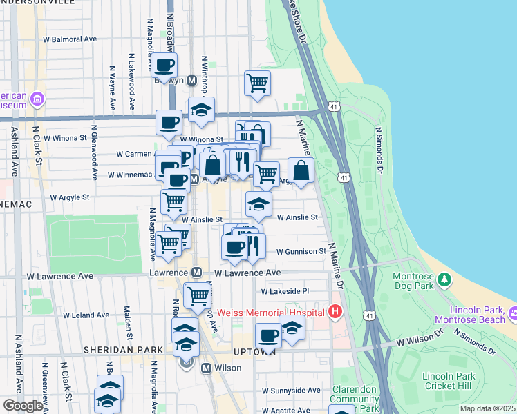 map of restaurants, bars, coffee shops, grocery stores, and more near Sheridan Rd in Chicago