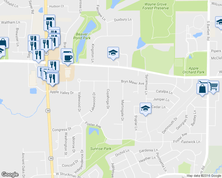 map of restaurants, bars, coffee shops, grocery stores, and more near 967 Cuyahoga Drive in Bartlett