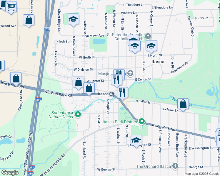 map of restaurants, bars, coffee shops, grocery stores, and more near 125 West Orchard Street in Itasca
