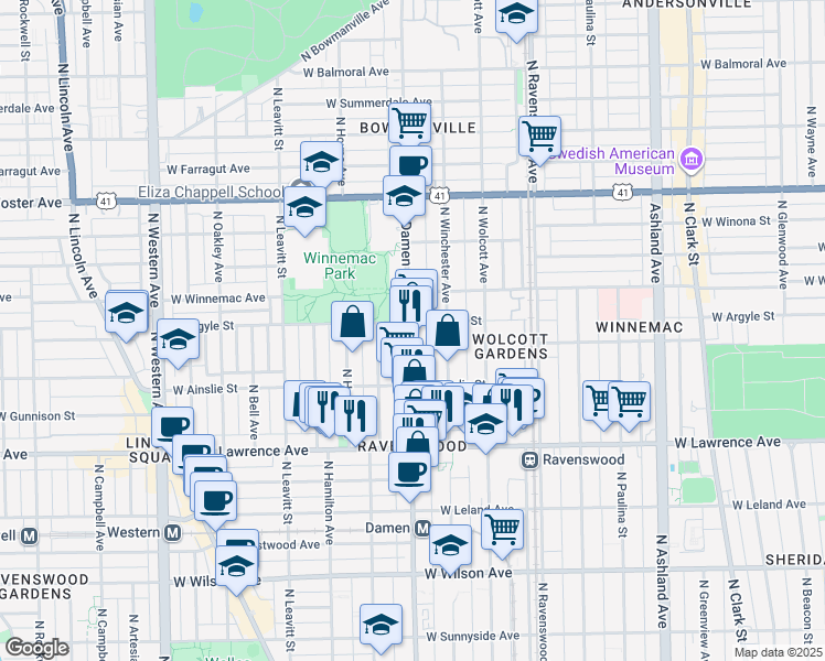 map of restaurants, bars, coffee shops, grocery stores, and more near 4955 North Damen Avenue in Chicago