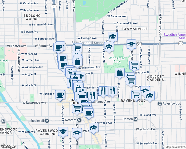 map of restaurants, bars, coffee shops, grocery stores, and more near 2251 West Argyle Street in Chicago