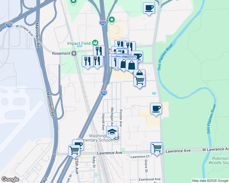 map of restaurants, bars, coffee shops, grocery stores, and more near 5101 Michigan Avenue in Schiller Park