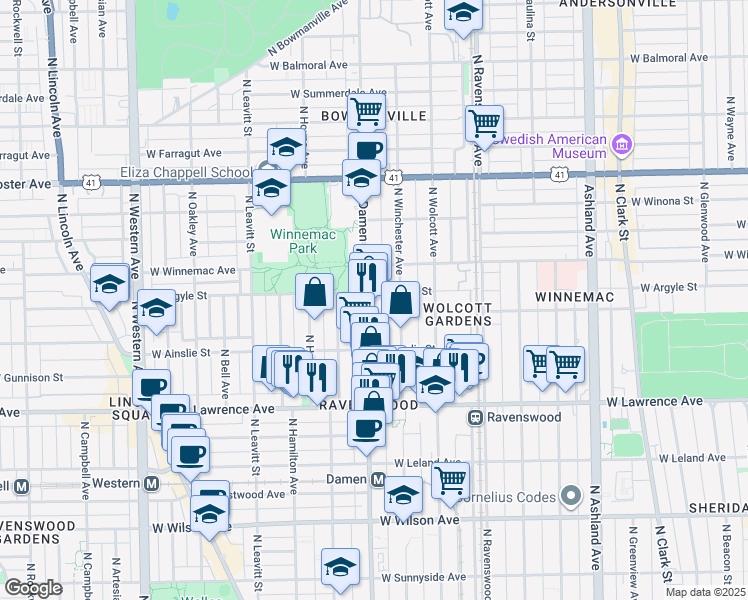 map of restaurants, bars, coffee shops, grocery stores, and more near 4955 North Damen Avenue in Chicago