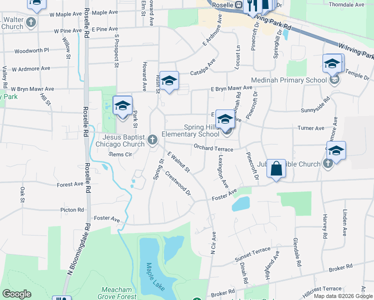 map of restaurants, bars, coffee shops, grocery stores, and more near 613 Banbury Court in Roselle