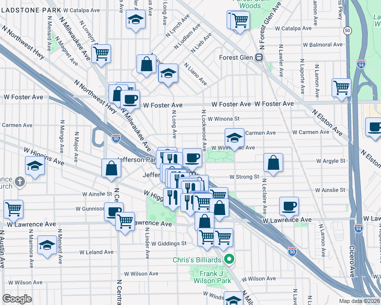 map of restaurants, bars, coffee shops, grocery stores, and more near 4921 North Northwest Highway in Chicago