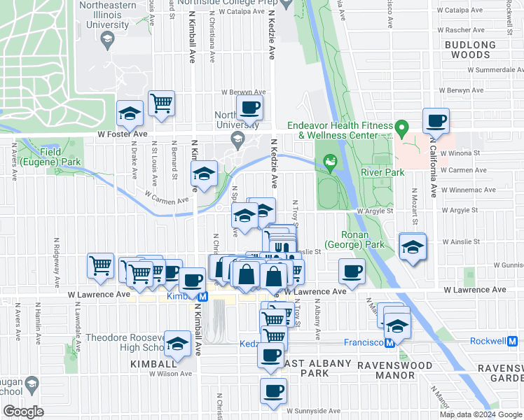 map of restaurants, bars, coffee shops, grocery stores, and more near 3214 West Argyle Street in Chicago