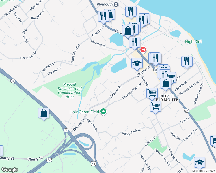 map of restaurants, bars, coffee shops, grocery stores, and more near 6 Cherry Street Court in Plymouth