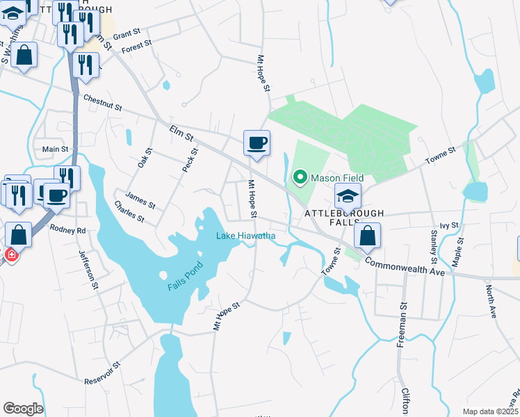 map of restaurants, bars, coffee shops, grocery stores, and more near 28 Commonwealth Avenue in North Attleborough