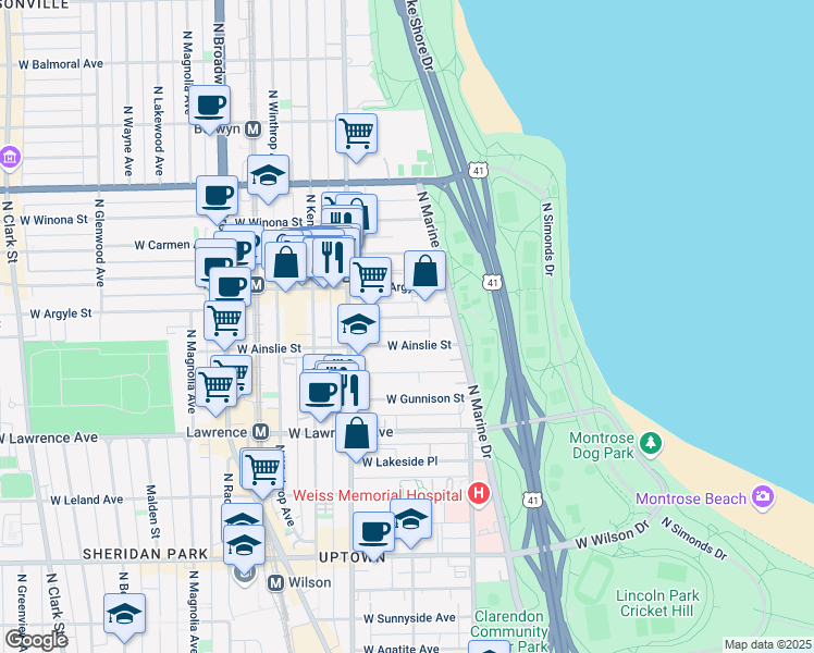 map of restaurants, bars, coffee shops, grocery stores, and more near 855 West Ainslie Street in Chicago