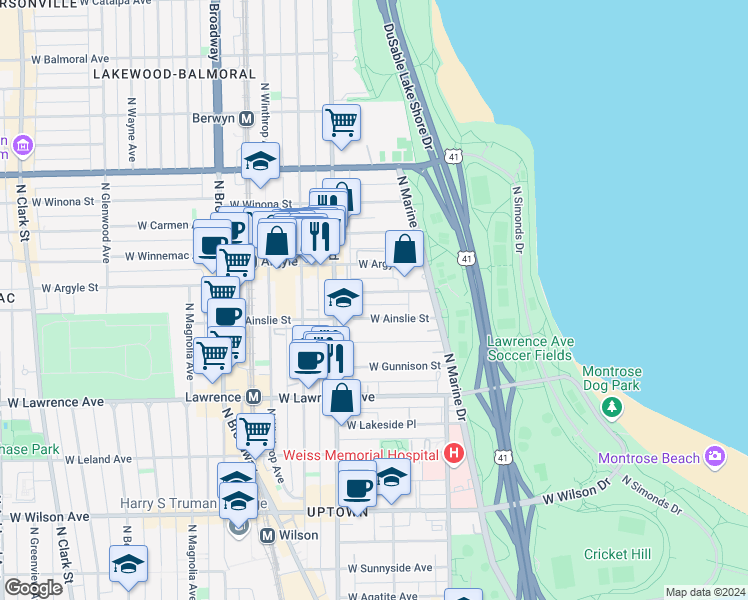 map of restaurants, bars, coffee shops, grocery stores, and more near 855 West Ainslie Street in Chicago