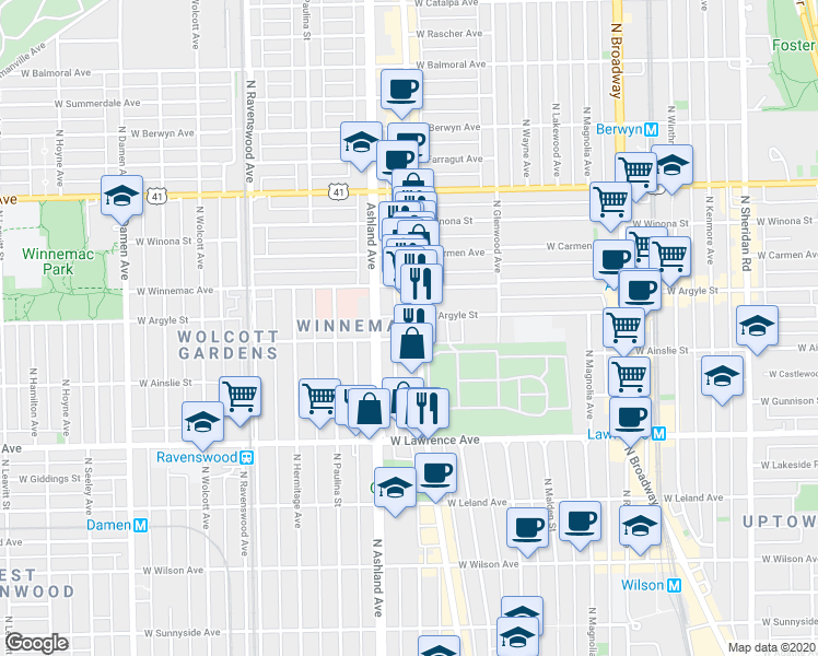 map of restaurants, bars, coffee shops, grocery stores, and more near 4879 North Clark Street in Chicago