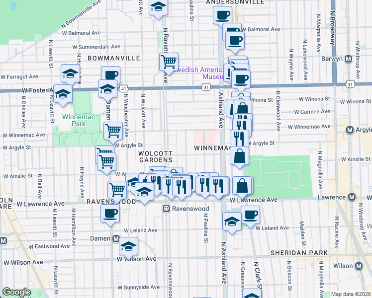 map of restaurants, bars, coffee shops, grocery stores, and more near 4891 North Hermitage Avenue in Chicago