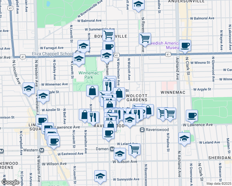 map of restaurants, bars, coffee shops, grocery stores, and more near 4926 North Winchester Avenue in Chicago