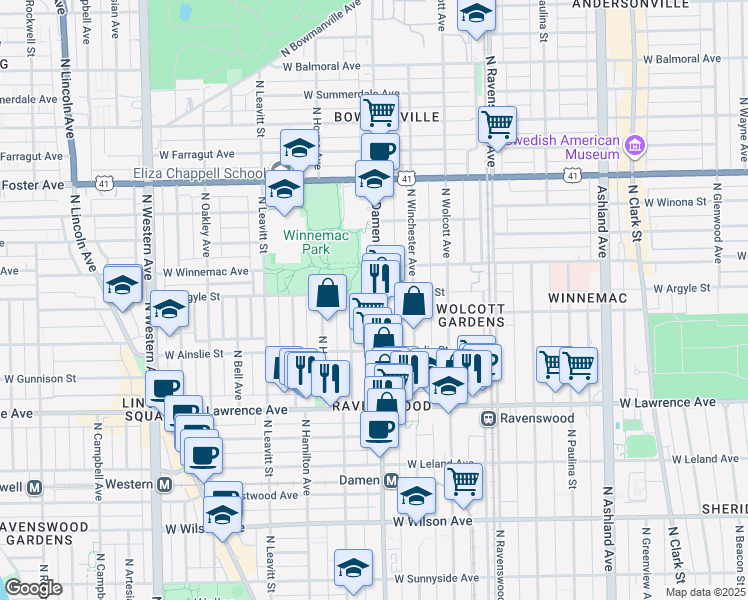 map of restaurants, bars, coffee shops, grocery stores, and more near 4928 North Damen Avenue in Chicago