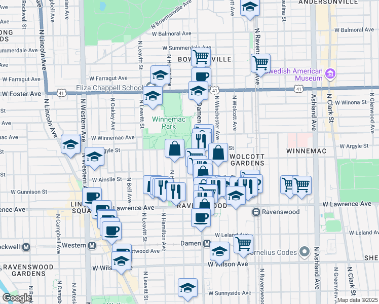 map of restaurants, bars, coffee shops, grocery stores, and more near 4928 North Damen Avenue in Chicago