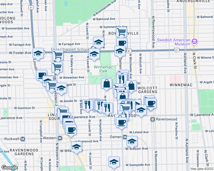 map of restaurants, bars, coffee shops, grocery stores, and more near 4932 North Seeley Avenue in Chicago