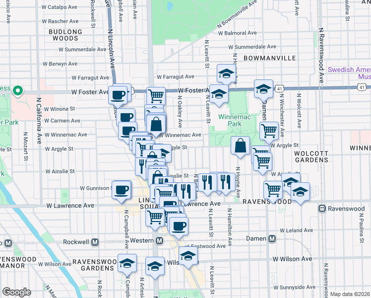 map of restaurants, bars, coffee shops, grocery stores, and more near 4932 North Bell Avenue in Chicago