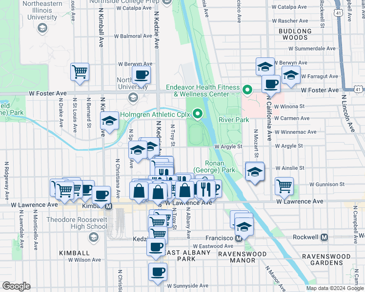 map of restaurants, bars, coffee shops, grocery stores, and more near 4940 North Albany Avenue in Chicago