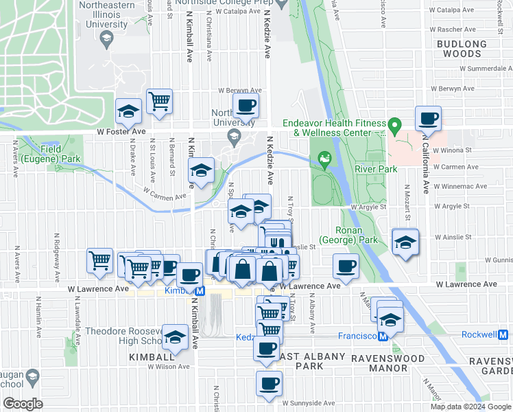 map of restaurants, bars, coffee shops, grocery stores, and more near 4929 North Sawyer Avenue in Chicago