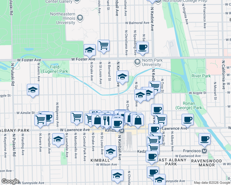 map of restaurants, bars, coffee shops, grocery stores, and more near 4940 North Kimball Avenue in Chicago
