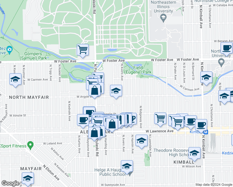 map of restaurants, bars, coffee shops, grocery stores, and more near 4930 North Springfield Avenue in Chicago