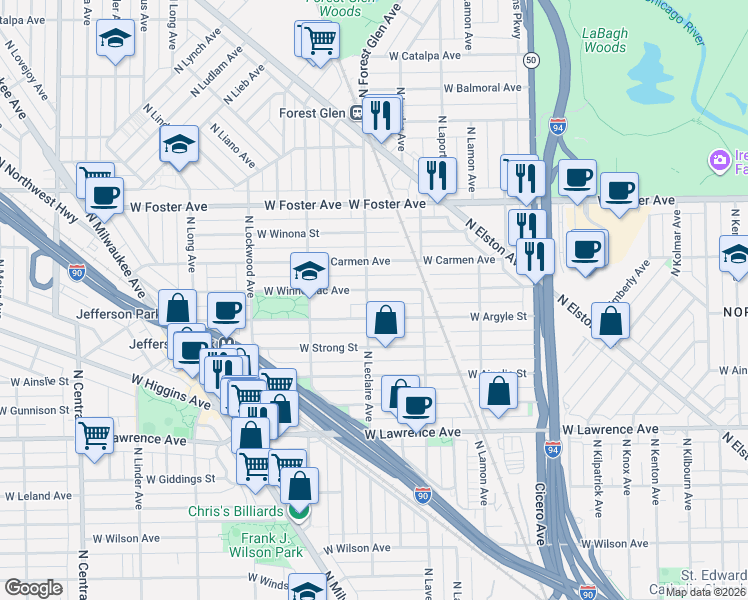 map of restaurants, bars, coffee shops, grocery stores, and more near 5043 West Argyle Street in Chicago