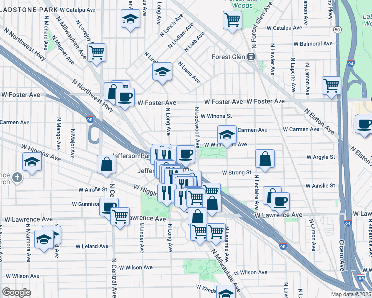 map of restaurants, bars, coffee shops, grocery stores, and more near 4917 North Milwaukee Avenue in Chicago