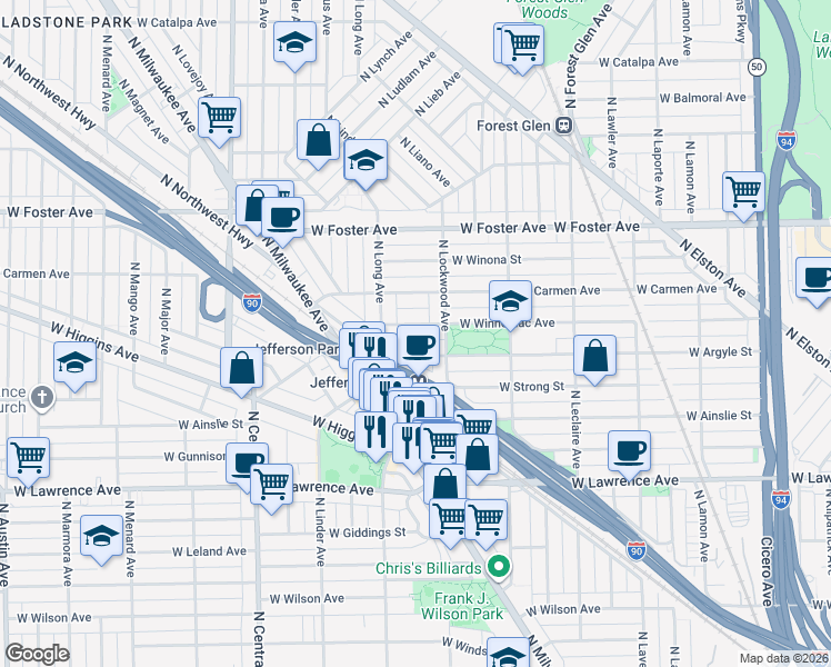 map of restaurants, bars, coffee shops, grocery stores, and more near 4921 North Northwest Highway in Chicago