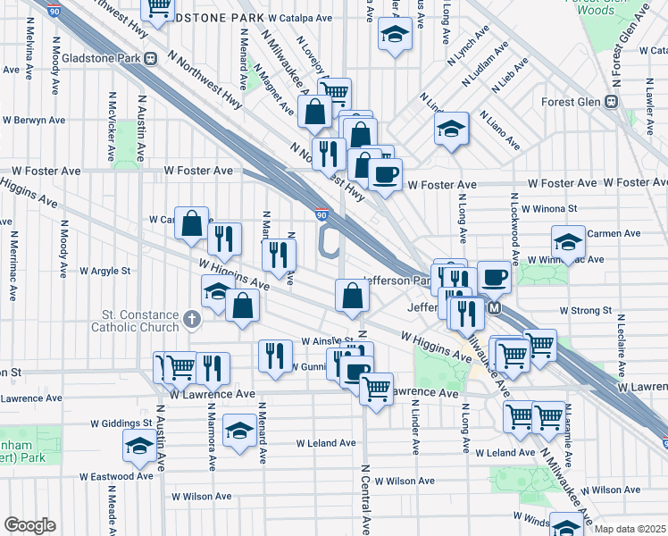 map of restaurants, bars, coffee shops, grocery stores, and more near 5685 West Goodman Street in Chicago
