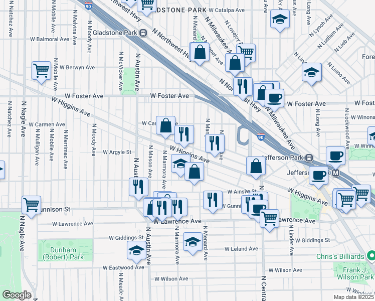 map of restaurants, bars, coffee shops, grocery stores, and more near in Chicago