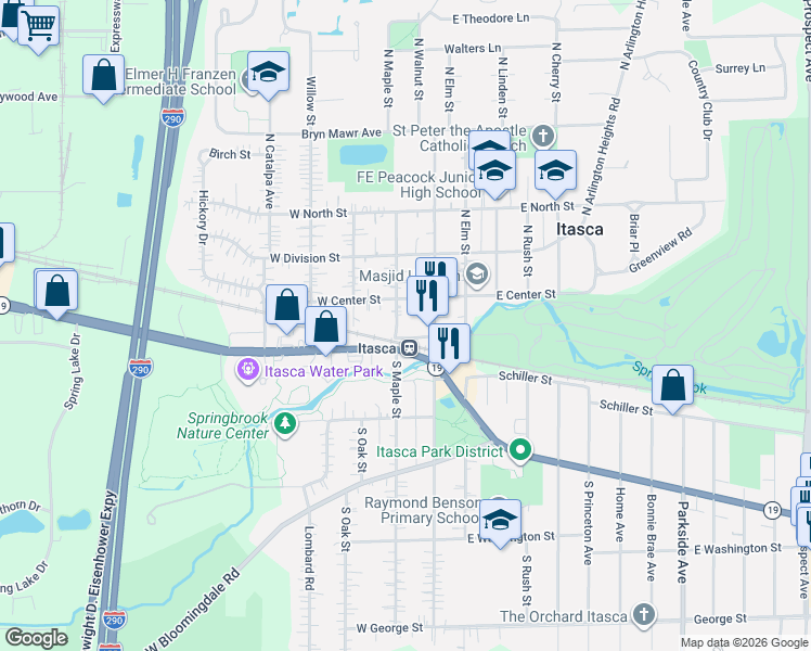 map of restaurants, bars, coffee shops, grocery stores, and more near in Itasca